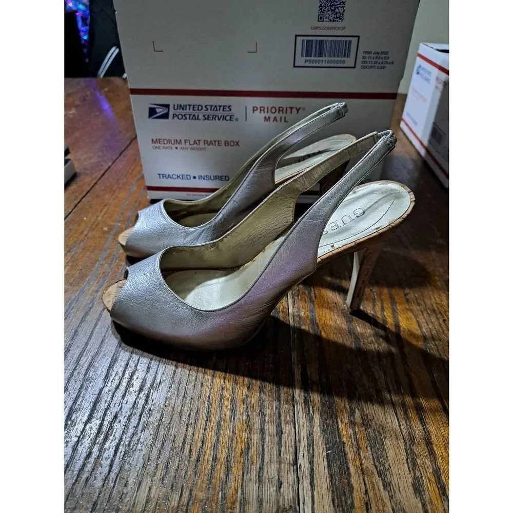 Size 9M Guess Silver Sling Back Peep Toe Cork High Heel Dress Shoes